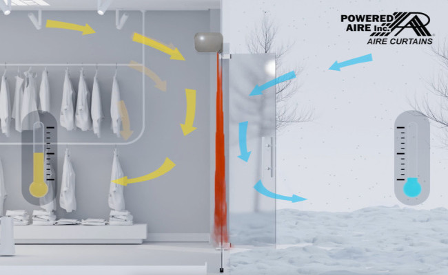 Air Curtains keep the cold winter winds in place while keeping the inside warm and comfortable